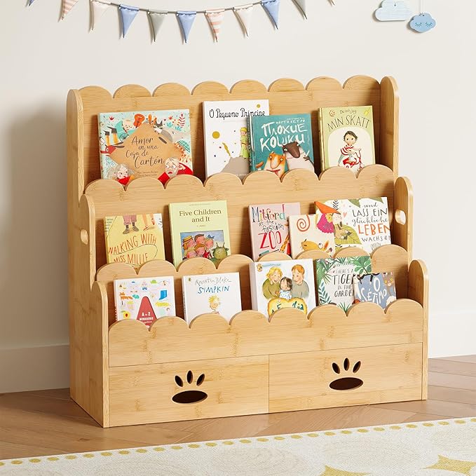 ELYKEN Kids Bookshelf with 2 Drawers, 3-Tier Bamboo Book Shelf - Image 2