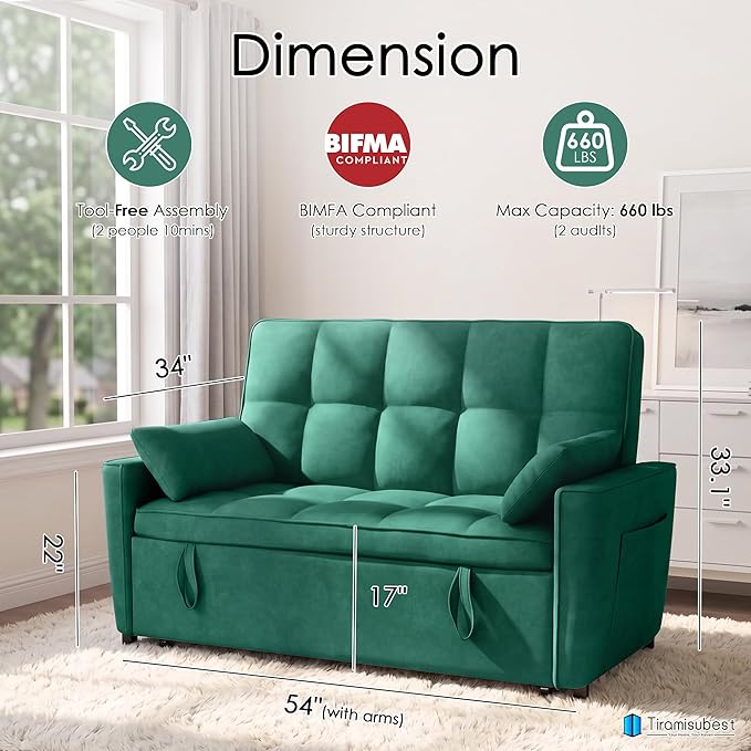54'' Sleeper Sofa Bed, Convertible Pull Out Couch Futon - Image 2