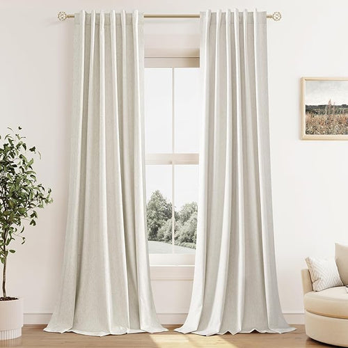 100% Blackout Linen Curtains for Bedroom 96 Inches Long 8 FT Natural Cream by Guken