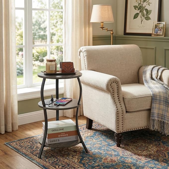 Small Round Side Table with Charging Station, 3-Tier Waist Circular End Table - Image 2