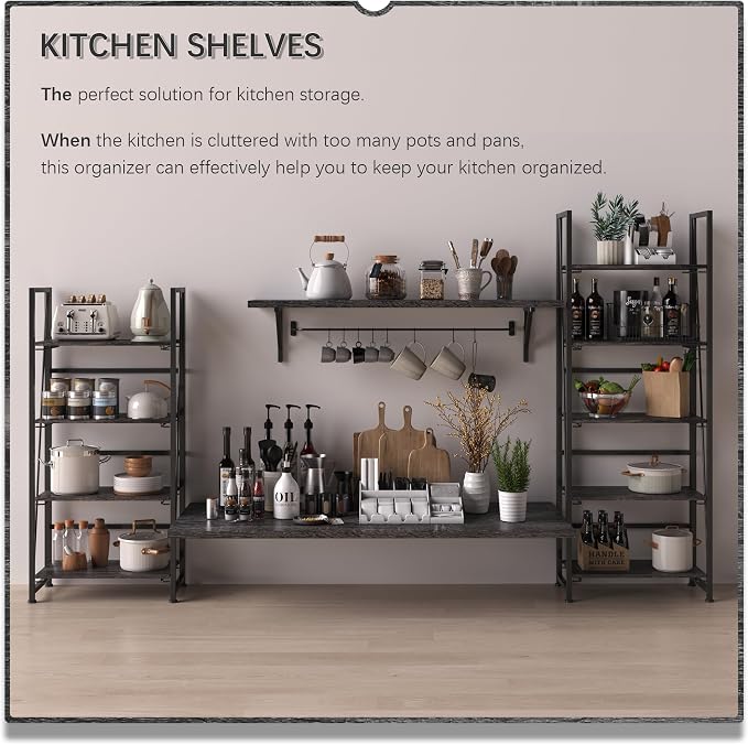 4NM No Assembly Folding Bookshelf Storage Shelves 4 Tiers Vintage Bookcase - Image 4