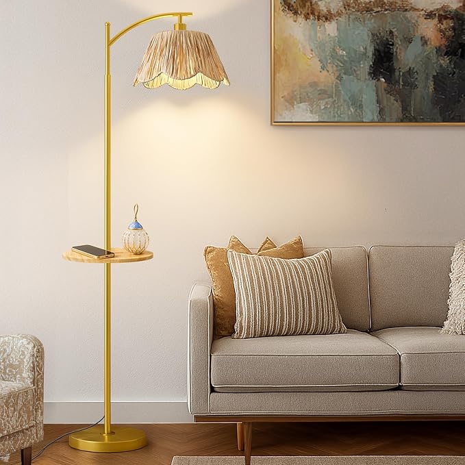 Oneach Floor Lamp with Table for Bedroom, Boho Standing Lamps with Foot Switch by Oneach