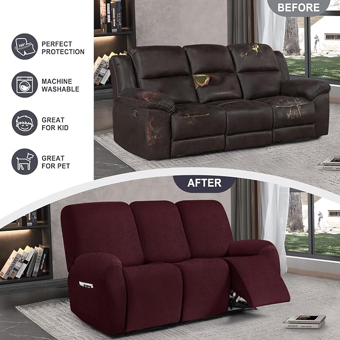 ANARACHON Leather Look Recliner Couch Cover, 8-Pieces Stretch Recliner Sofa - Image 6