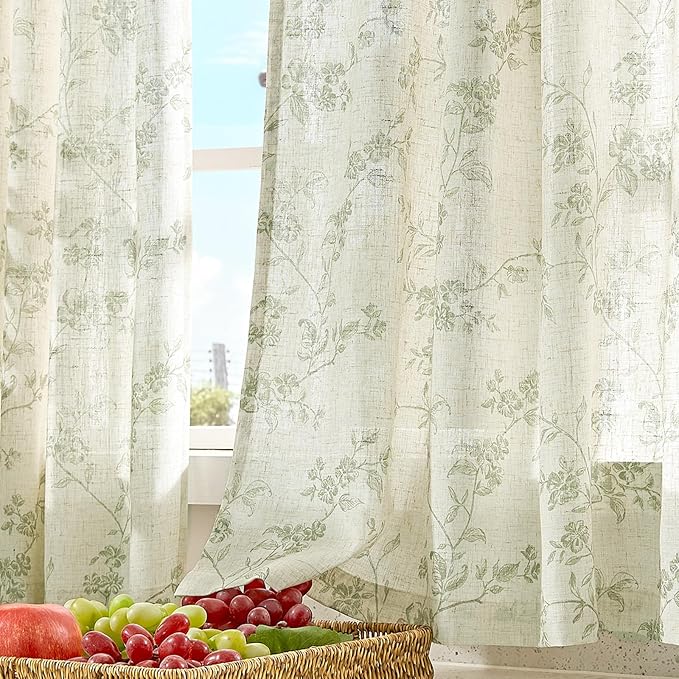 Green on Beige Linen Kitchen Curtains Rod Pocket 26W X 24L 2 Panels | Elisa - Image 8