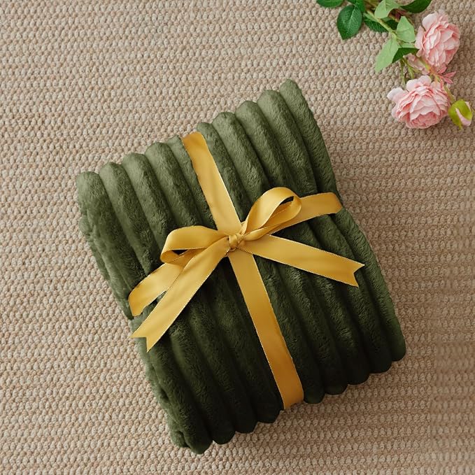BEDELITE Striped Fleece Throw Blanket, Olive Green, Soft Cozy, Lightweight Warm - Image 2