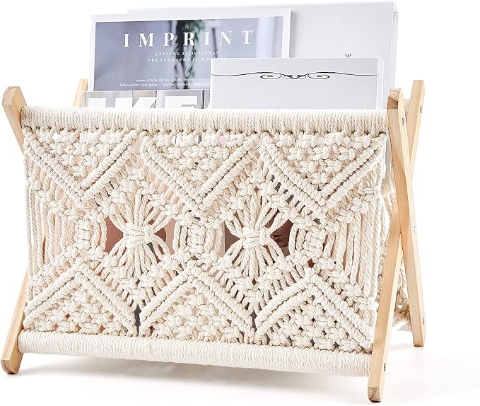 Mkono Macrame Magazine Rack Boho Storage Holder Standing Basket by Mkono