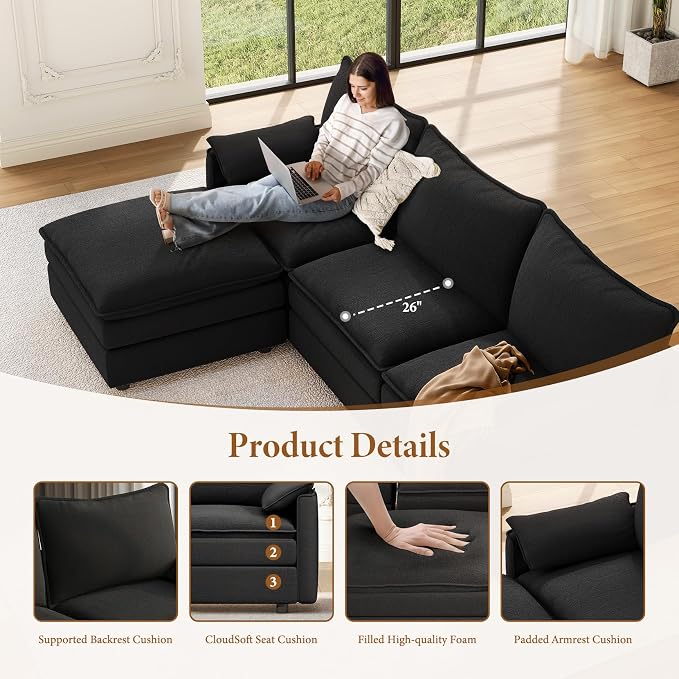Vesgantti 142" Cloud Couch Sectional Modular Sofa, Comfy Sectional Couch - Image 4