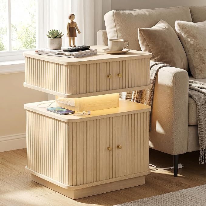 Nightstand with Charging Station, Modern Night Stand with Smart Led Light and 2 - Image 6