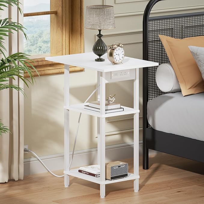 Asgolion Tall Side Table with Charging Station, Skinny End Table Nightstand - Image 6