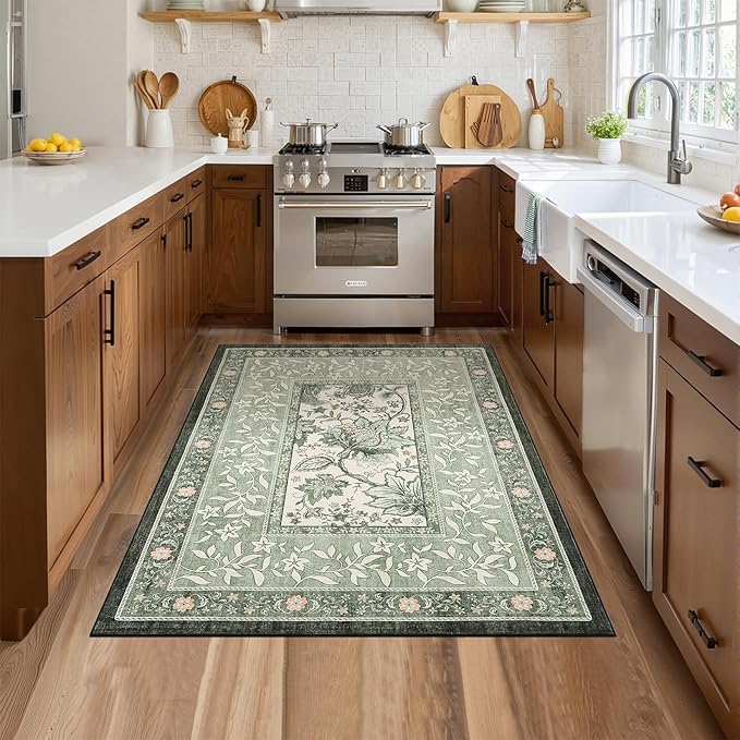 GarveeHome Provence Sage Green 3x5 Rug Washable Non-Slip Low-Pile Indoor Rugs - Image 4