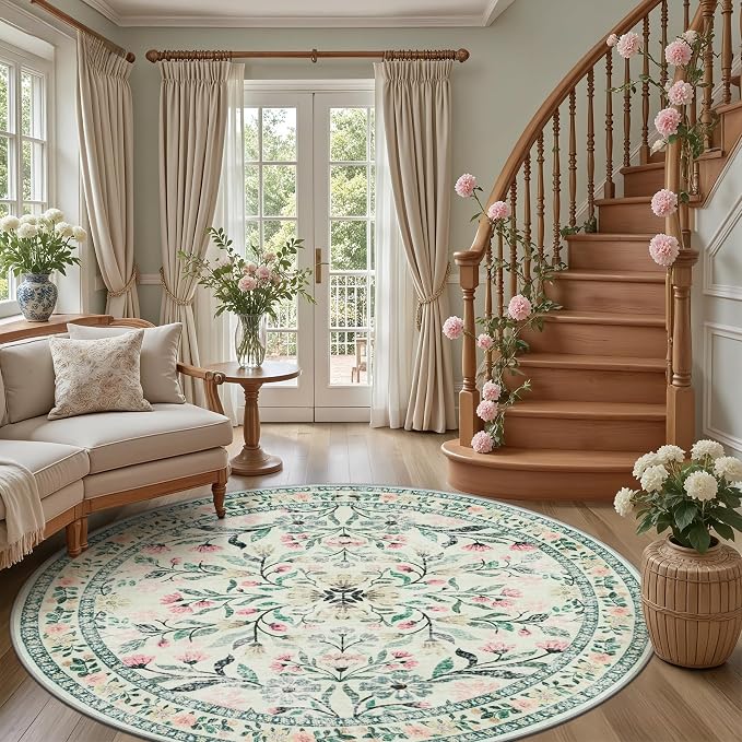 PLHXFR Round Area Rug Living Room: 8 ft Floral Washable Carpet Green Beige | - Image 5