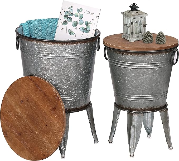 RUSTOWN Farmhouse Side Tables Set of 2, Galvanized Metal Bucket End Table by RUSTOWN