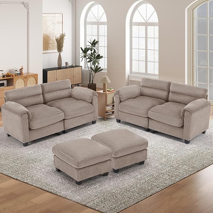 HAOMARKETS Corduroy 4-Piece Sofa Set, Upholstered Ottoman Set of 2 and 2 - Image 6
