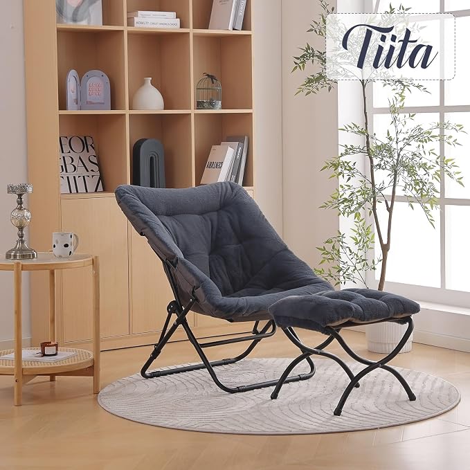 Tiita Folded Chair with Ottoman, Soft Faux Fur Oversized Folding Accent Chair - Image 9
