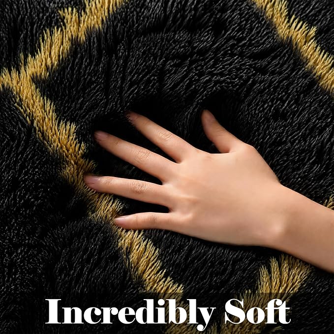 Area Rugs for Living Room, 5x8 Fluffy Black and Gold Bedroom Geometric Rug | - Image 2
