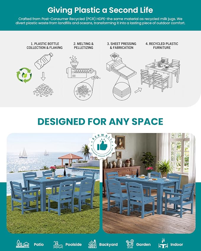 SERWALL HDPE Dining Set for 6: 1 Umbrella Hole Table, 4 Armless + 2 Armchairs. - Image 7