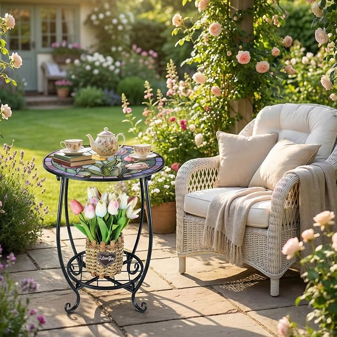 Cinnvoice Outdoor Side Table Round Small Mosaic Patio Accent Indoor End Plant - Image 2