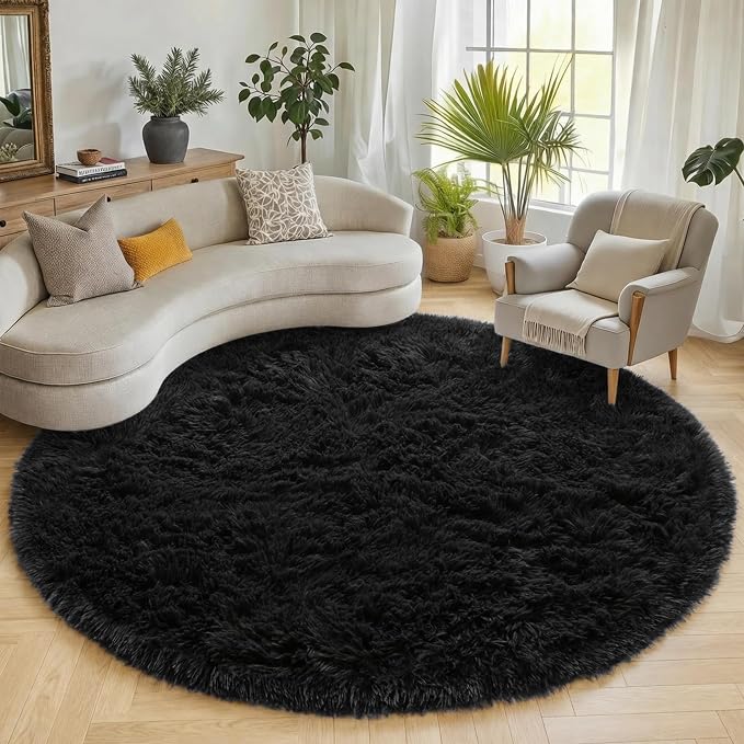 Black Round Rugs 7ft for Living Room, Fluffy Bedroom Circle Area Rug, Soft - Image 5