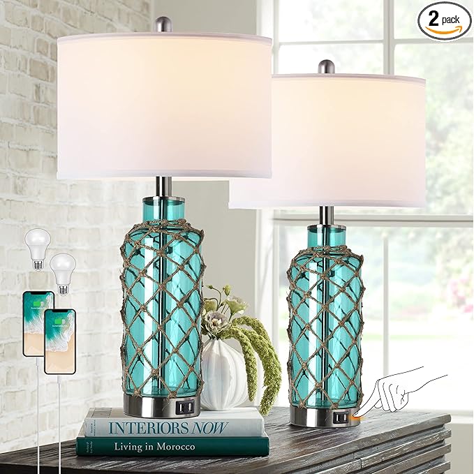 Cottage Nautical Accent Table Lamp Set of 2, Touch Control Coastal Blue Green by PARTPHONER