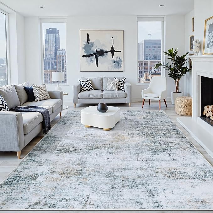 6x9 Washable Area Rug for Living Room Bedroom: Non-Slip Modern Blue Grey | by Oriannal