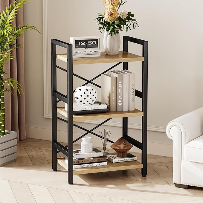 Homeiju Bookshelf, 3 Tier Industrial Bookcase, Metal Small Bookcase, Rustic - Image 2