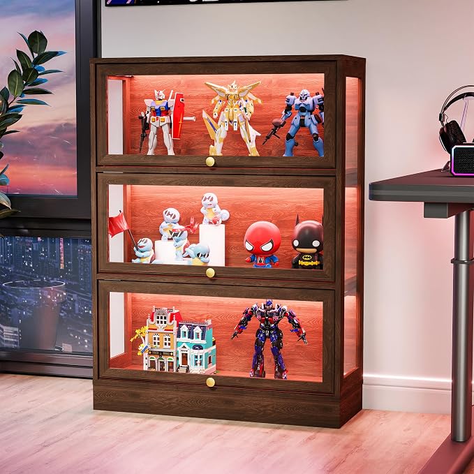 Display Cabinet with Acrylic Glass Doors, 3-Tiers Curio Cabinet with LED by BONITURE