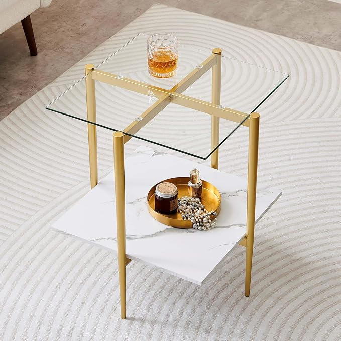 LumFurn Square Glass End Table, Mid-Century Modern Design Sofa Table, by LumFurn
