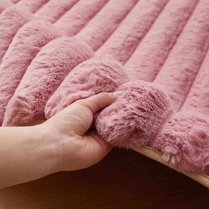 Dusty Rose Rabbit Striped Plush Rug 3'x5', Fluffy Faux Fur Shaggy Area Rug - Image 4