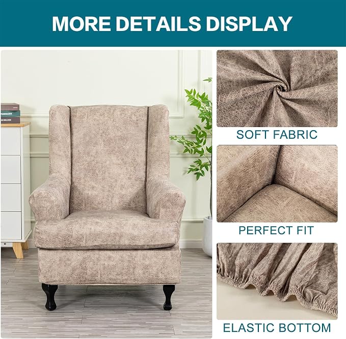 KRFOONN Wing Chair Slipcovers 2 Piece Stretch Leather Look Wingback Chair - Image 4