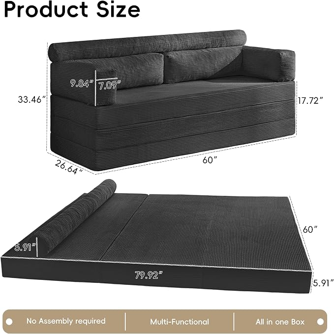 60" Boneless Couch, 5-in-1 Convertible Sofa Bed Tri Folding Mattress - Image 3