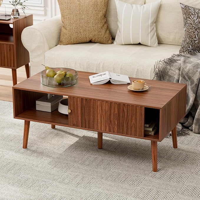LCRBOL Coffee Table with Storage, Mid Century Dining Table with Sliding Fluted by Unknown