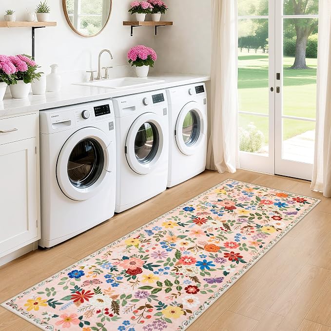 PLHXFR 2.6x8 Washable Runner Rug：Floral Indoor Kitchen Soft Carpet Beige | - Image 4