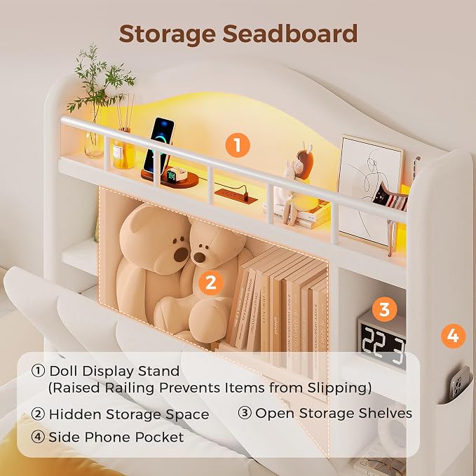 Twin Size Bed Frame with LED Storage Headboard & 2 Storage Drawers, Velvet - Image 4