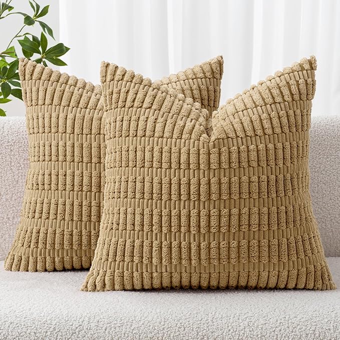 MIULEE Corduroy Decorative Throw Pillow Covers 18x18 Khaki Pack of 2 | Soft by MIULEE