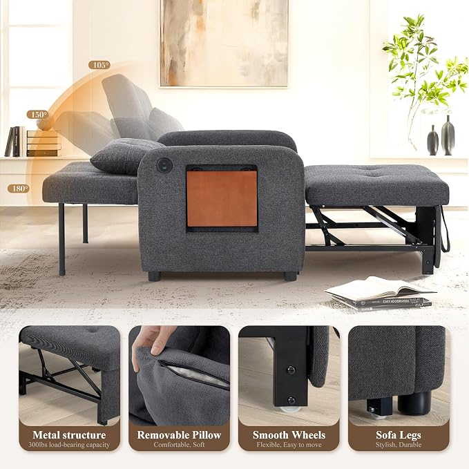 Convertible Sleeper Chair-Fabric Futon Sofa Bed, Single Sleeper Sofa, Small - Image 6