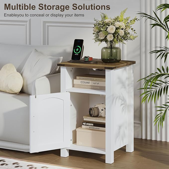Farmhouse Nightstand with Charging Station, Rustic Bedside Table with Large - Image 5