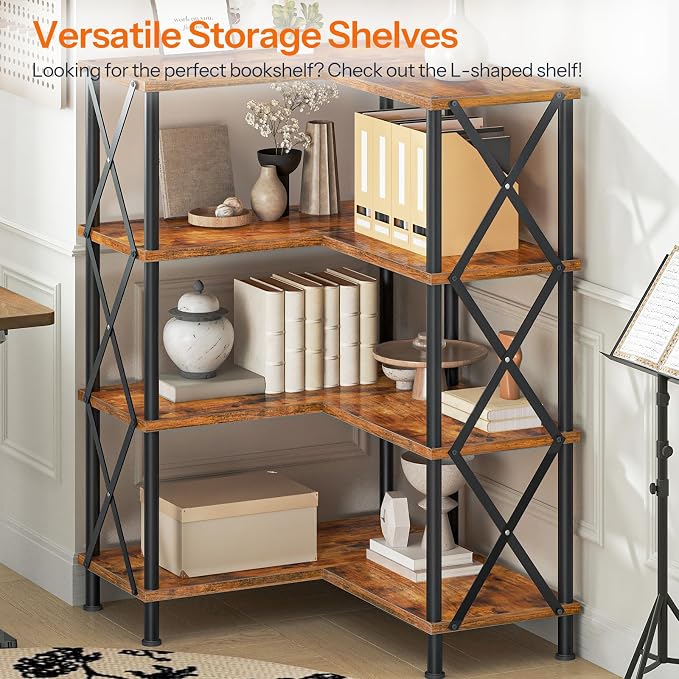 HOOBRO Corner Bookshelf, 4-Tier L-Shaped Bookcase, Industrial Open Display - Image 5