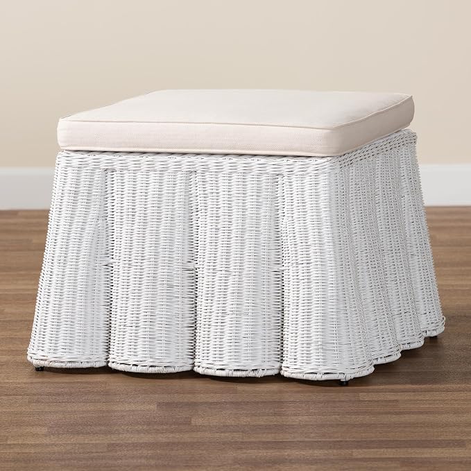 Bali & pari Palm Bohemian White Scallop Rattan Ottoman - Image 7