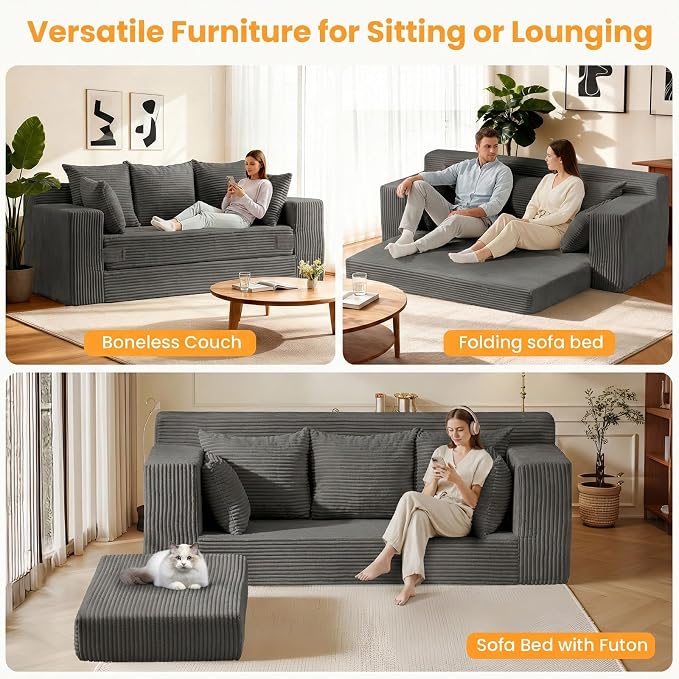 Oversized Boneless Loveseat, 3 Seater Pull Out Convertible Sofa Bed - Image 3