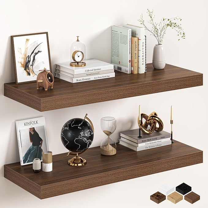 36Inch Walnut Floating Shelves for Wall, 12 Inch Deep Shelves for Bedroom by FunMemories