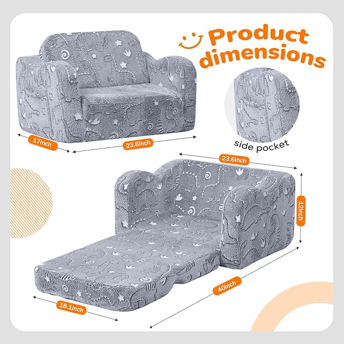 MeMoreCool Glow-in-the-Dark Dinosaur Kids Couch, 2-in-1 Foldable Kids Couch and - Image 2
