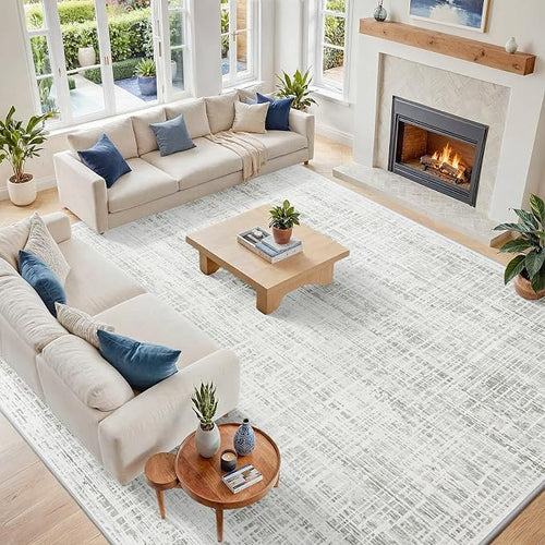 10x14 Washable Area Rug for Living Room Bedroom: Non-Slip Modern White Gray | by Oriannal