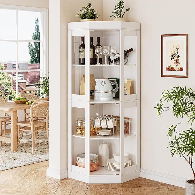 70''H Tall Corner Cabinet with Glass Doors, Farmhouse Storage Cabinet with 4 by ukaocai