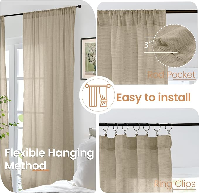 BGment Camel Linen Sheer Curtains 84 Inches Long - Image 6