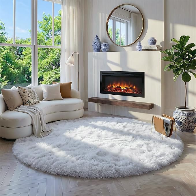 Amdrebio White Fluffy Round Rug 4Ft - Image 3