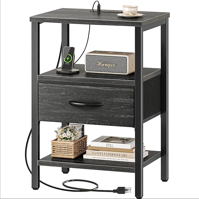 SUPERJARE Nightstand with Charging Station, Bed Side Table with Adjustable by SUPERJARE