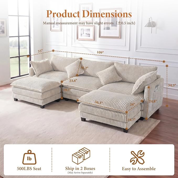 Vesgantti 109" U Shaped Cloud Sectional Sofa, Comfy Corduroy Upholstered - Image 2