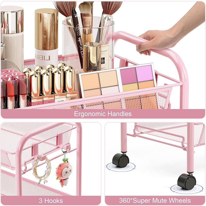 TOOLF 3 Tier Rolling Cart Pink - Image 4