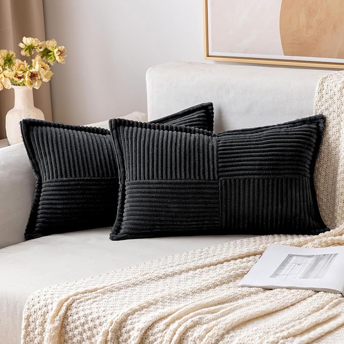 MIULEE Decorative Lumbar Throw Pillow Covers 12x20 Inch Black 2 Pack | Boho by MIULEE