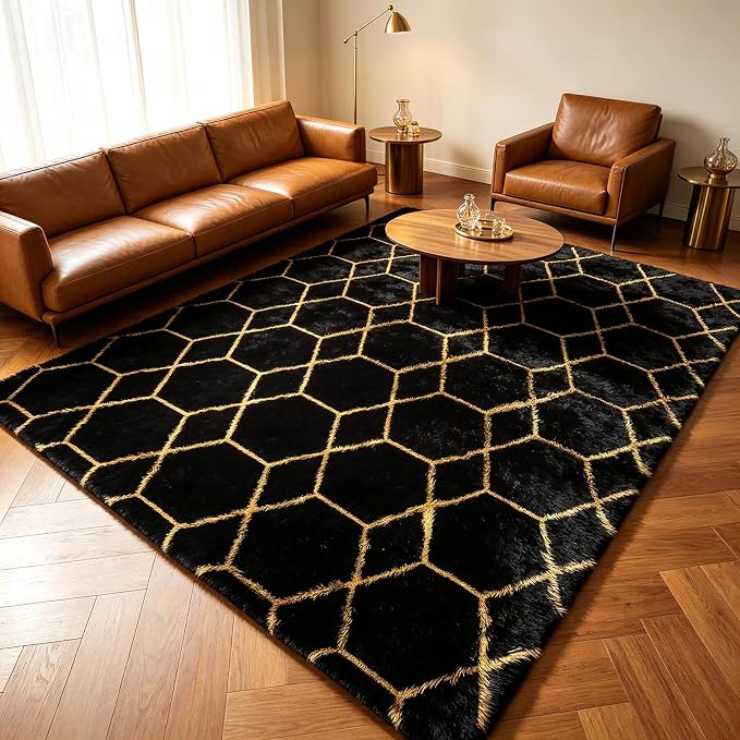 Area Rugs for Living Room, 5x8 Fluffy Black and Gold Bedroom Geometric Rug | by ONASAR